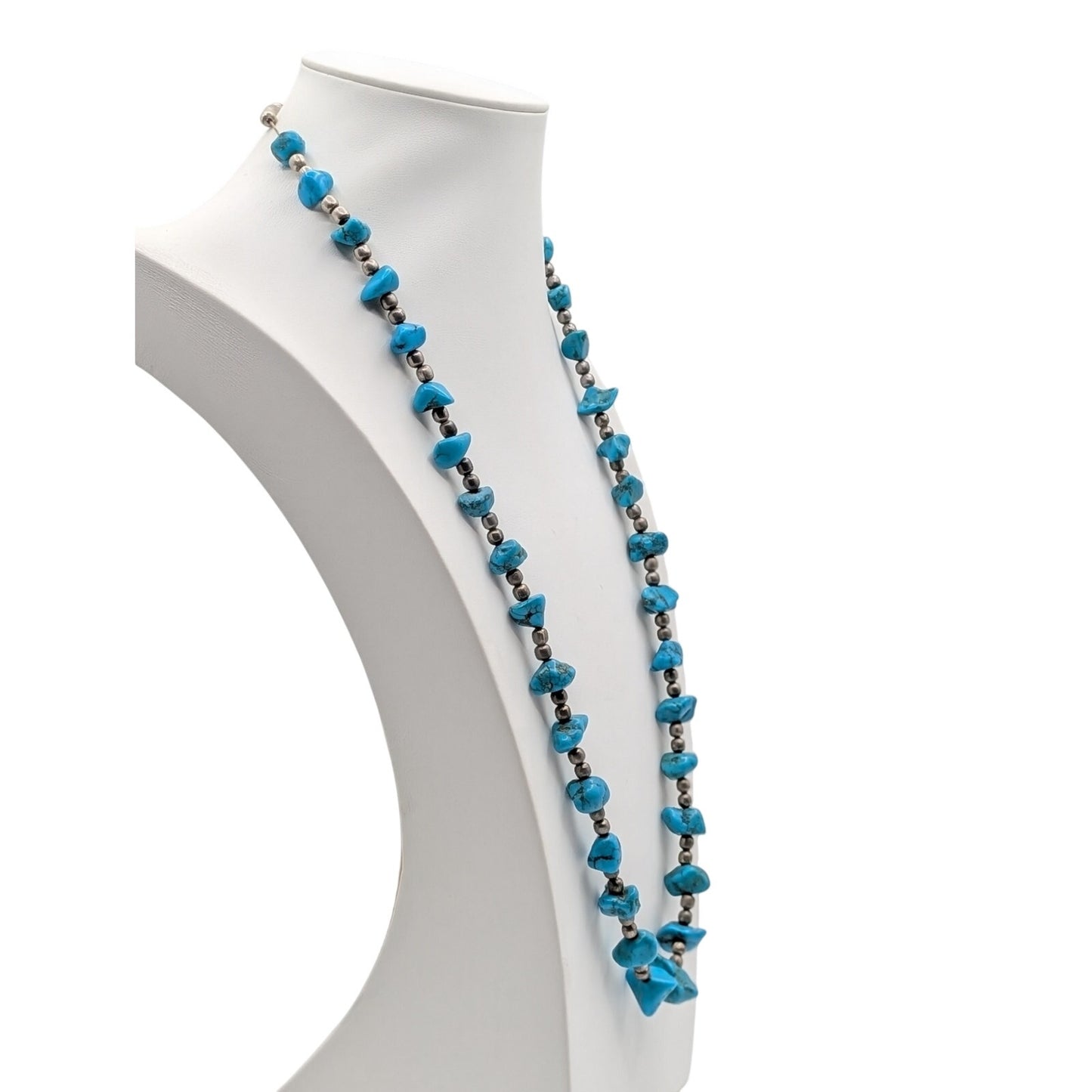 Vintage 1960s Turquoise Nugget Silver Beaded Hook Clasp 28" Necklace