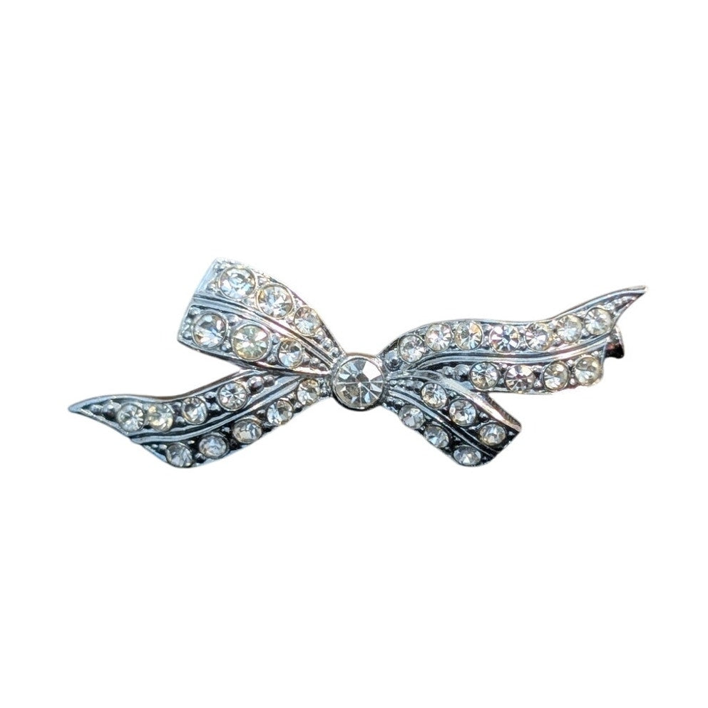 Vintage Silver Tone Rhinestone Bow Brooch