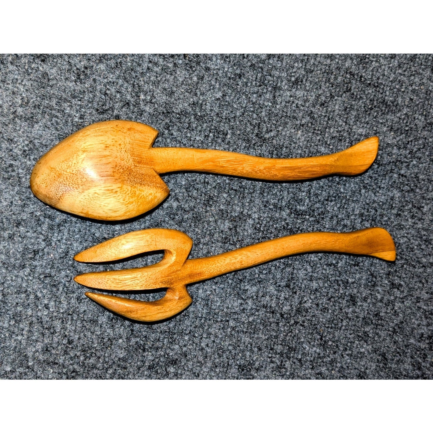 Vintage Mid-Century Hand-Carved Monkey Pod Wood Salad Servers