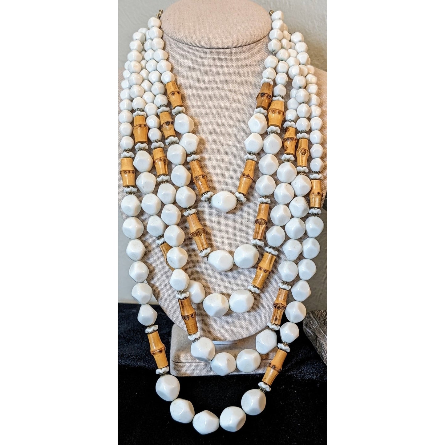 Signed Hobe Five Strand White & Bamboo Bead Vintage Necklace