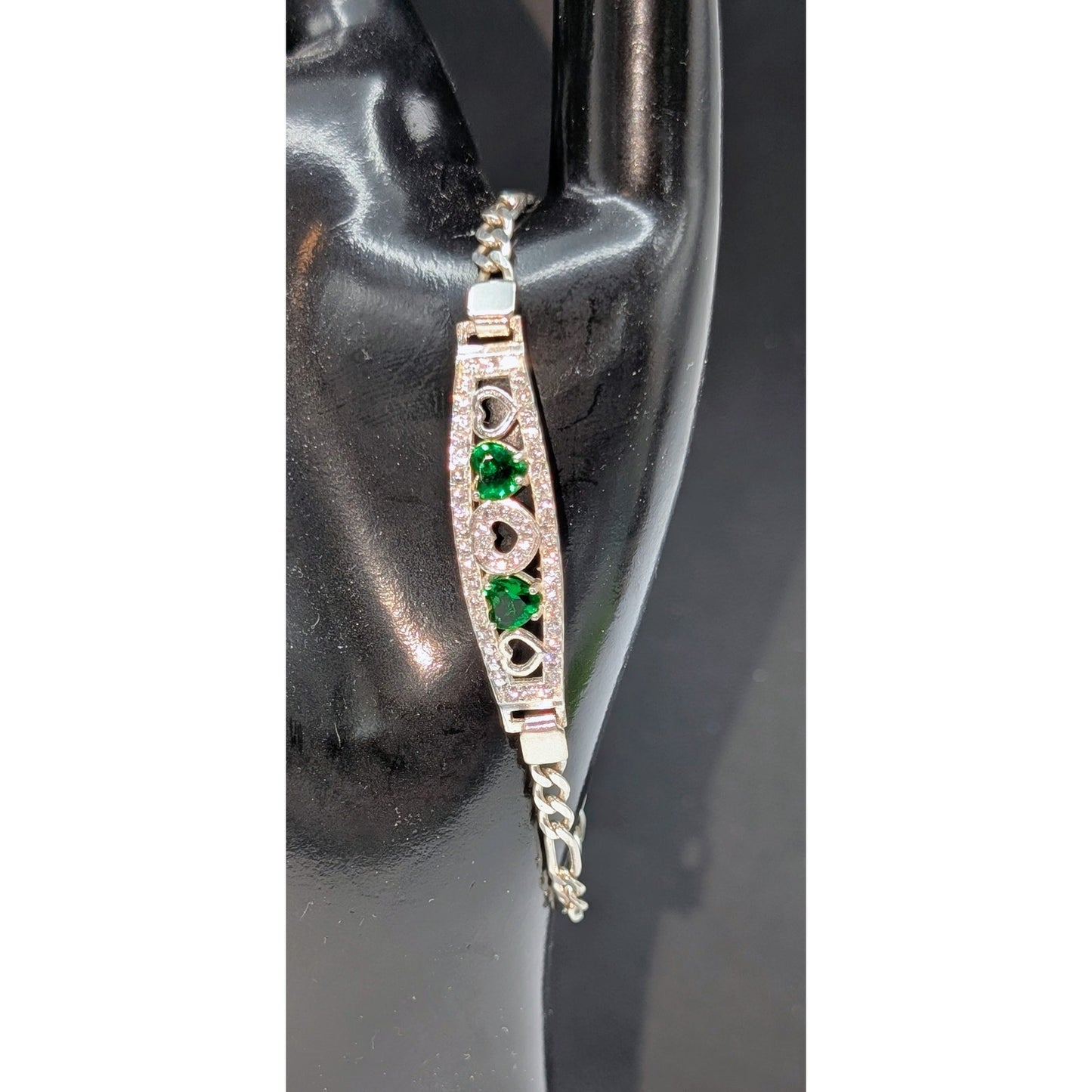 Green Glass Heart Rhinestone 925 Sterling Silver Figaro Chain Bracelet
