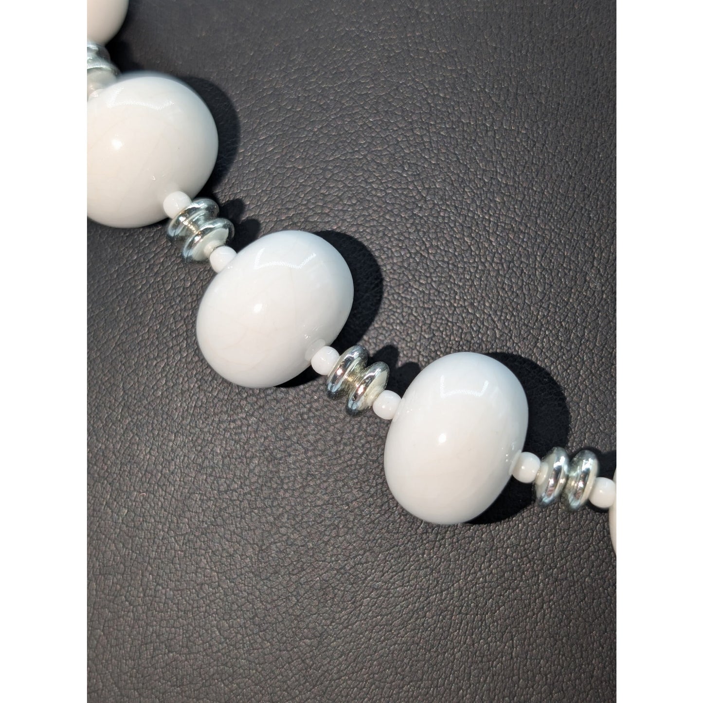 Vintage White Oval Silver & White Spacer Acrylic Bead 24.5" Necklace