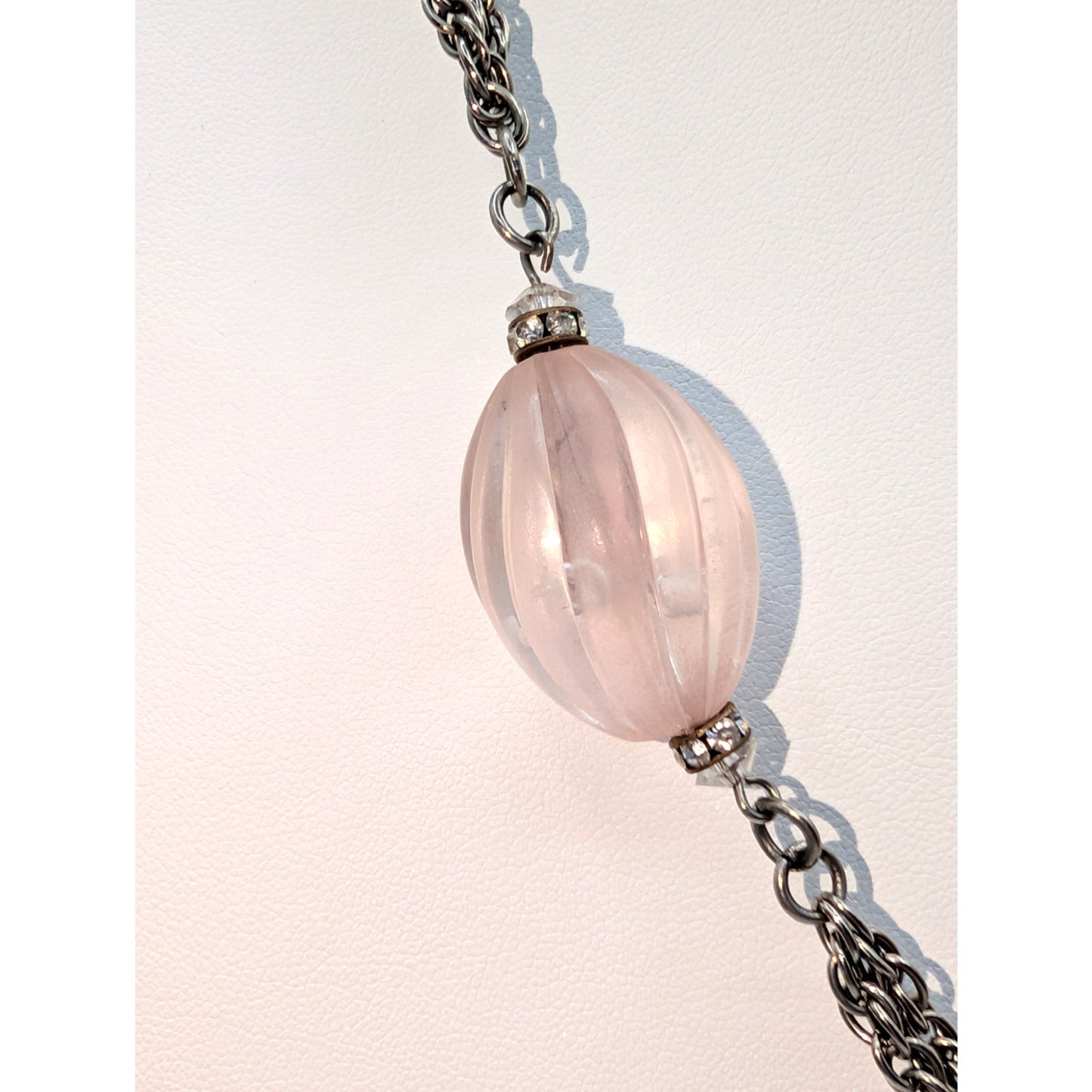 Vtg Art Deco Style Pink Swirl & Crystal Bead Silver Tone Dangle Chain Necklace