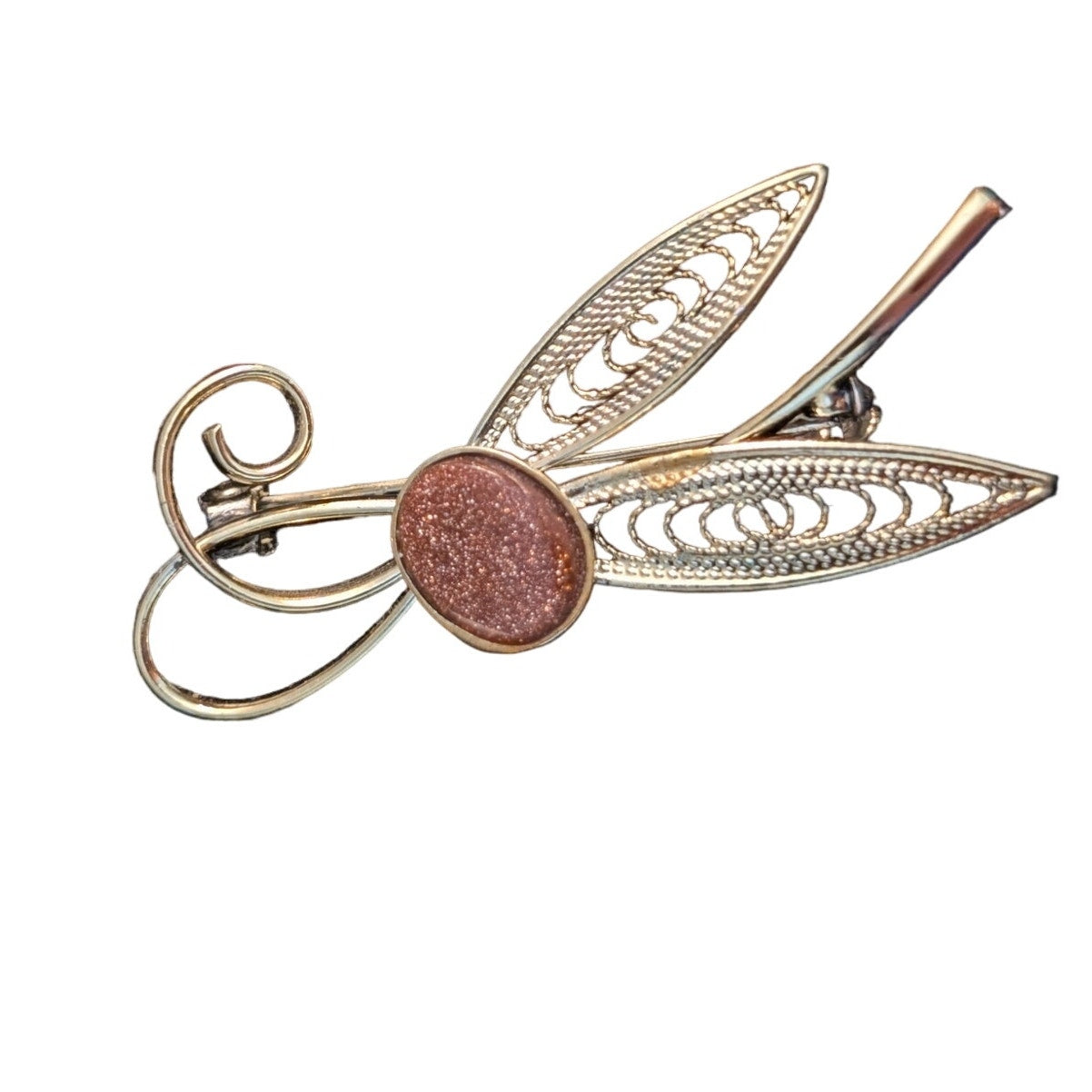 Vintage Gold Tone Goldstone Cabochon Filigree Curved Leaves Swirl Brooch