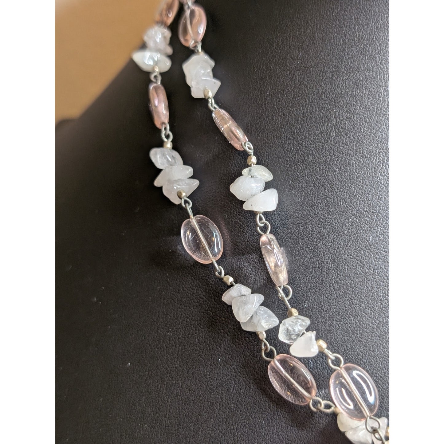 Robert Rose Pink Jadeite Quartz Chip Pink Glass Bead Double Strand Necklace