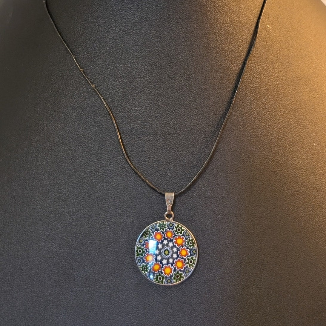 Vtg 925 Sterling Silver  16" Murano Art Glass Millefiori Pendant Cord Necklace