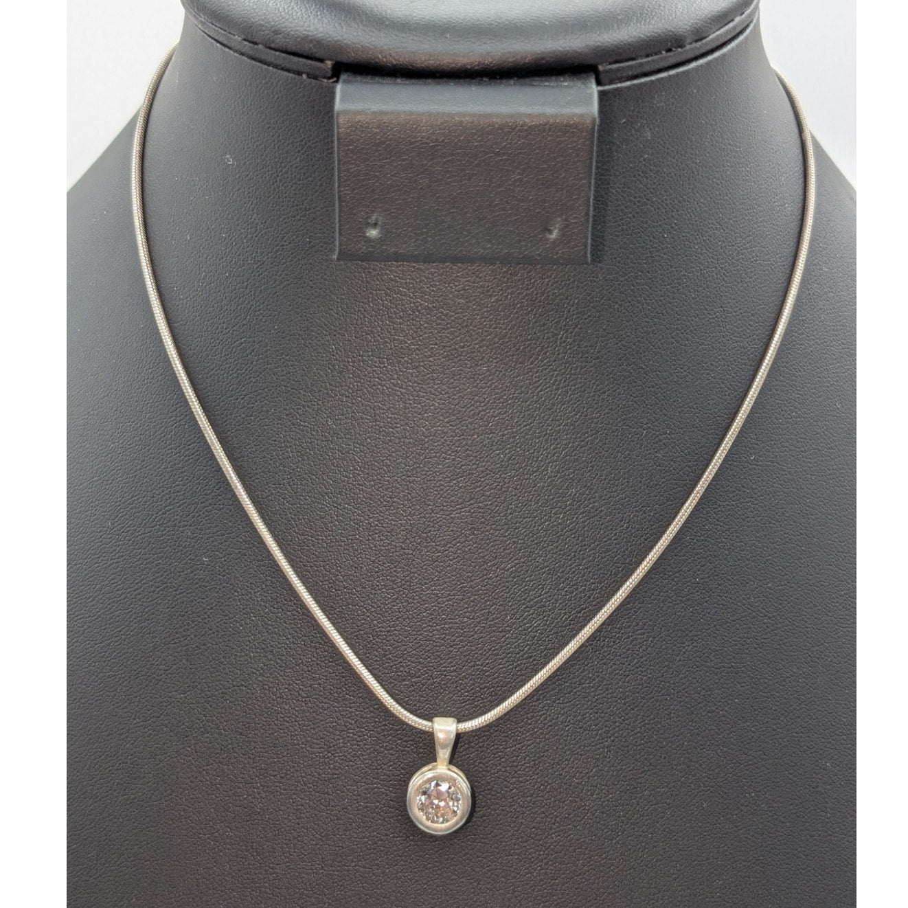 Vtg 925 Italy Sterling Silver Bezel Set CZ Solitaire Pendant Chain 16" Necklace