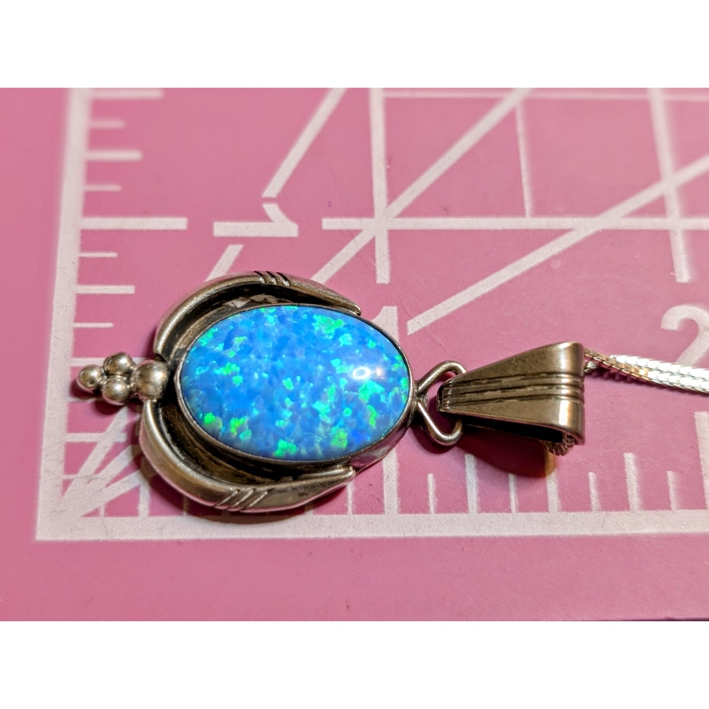 VTG Running Bear- Navajo Sterling Silver Blue Opal Pendant with Box Chain