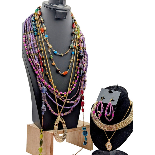 Mixed Jewelry Lot of 7 Boho Beaded & Other Necklaces & One Pr. Matching Earrings