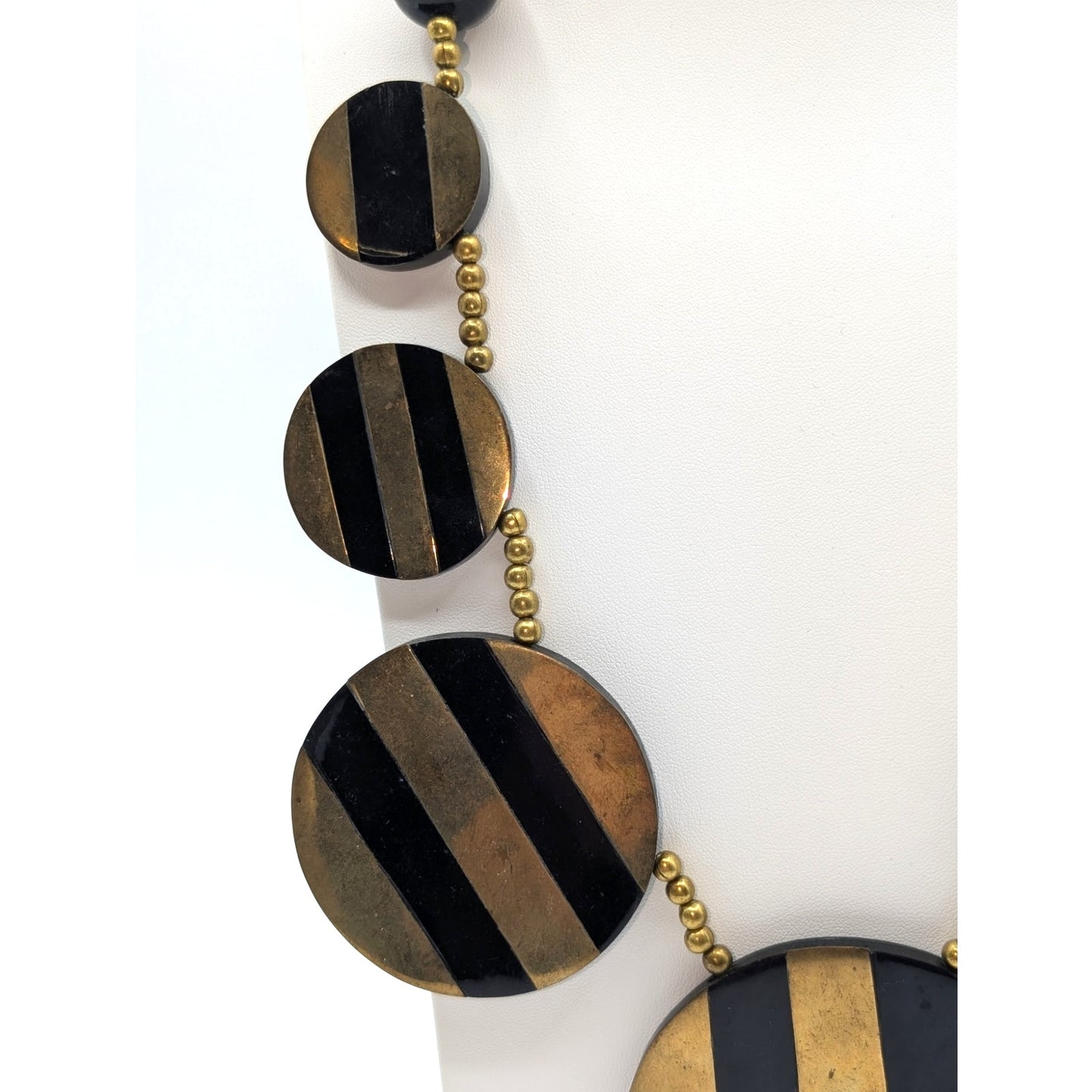 Vtg Tribal Black & Brass Striped Beaded Chunky Necklace & One Matching Earring