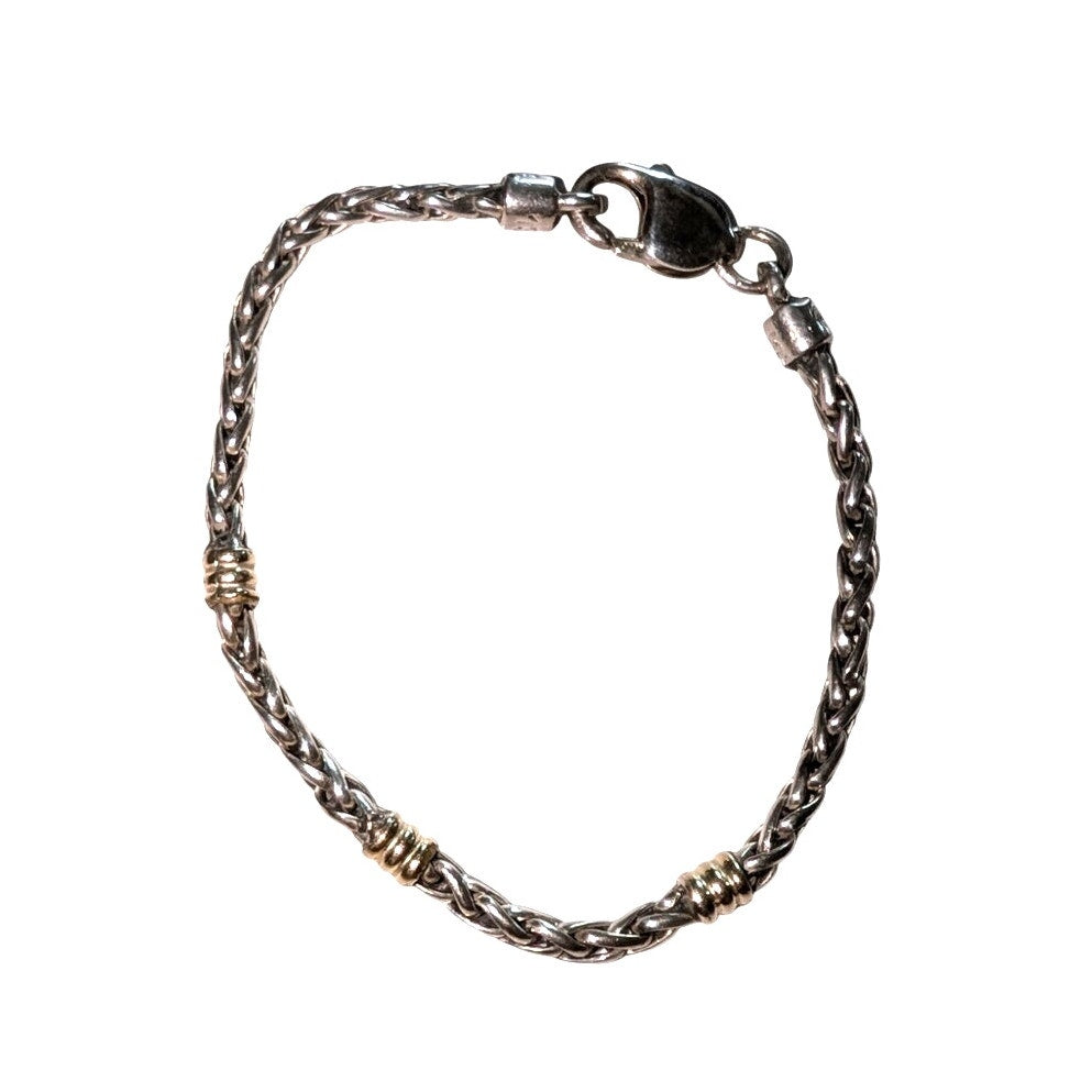 18K Gold & 925 Sterling Silver--Wheat Chain Bracelet W/ 18K Gold Stations 12.22g