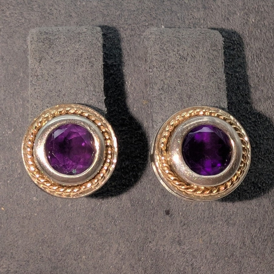 Vintage 925 Sterling 14K Gold Accent Amethyst Art Deco Stud Earrings
