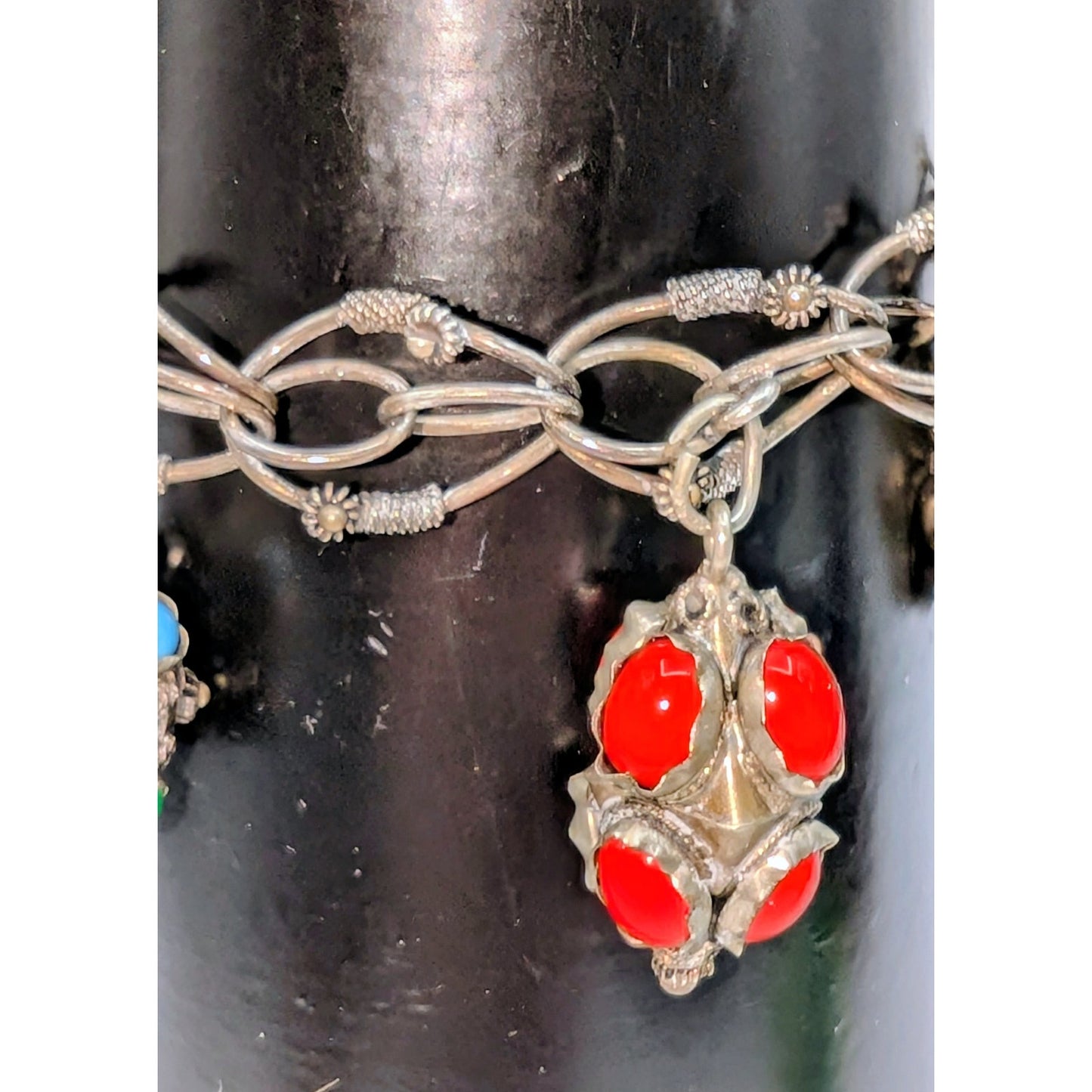 Antique Etruscan Revival 800 Silver Ornate Multi-Stone Charm Fob Bracelet