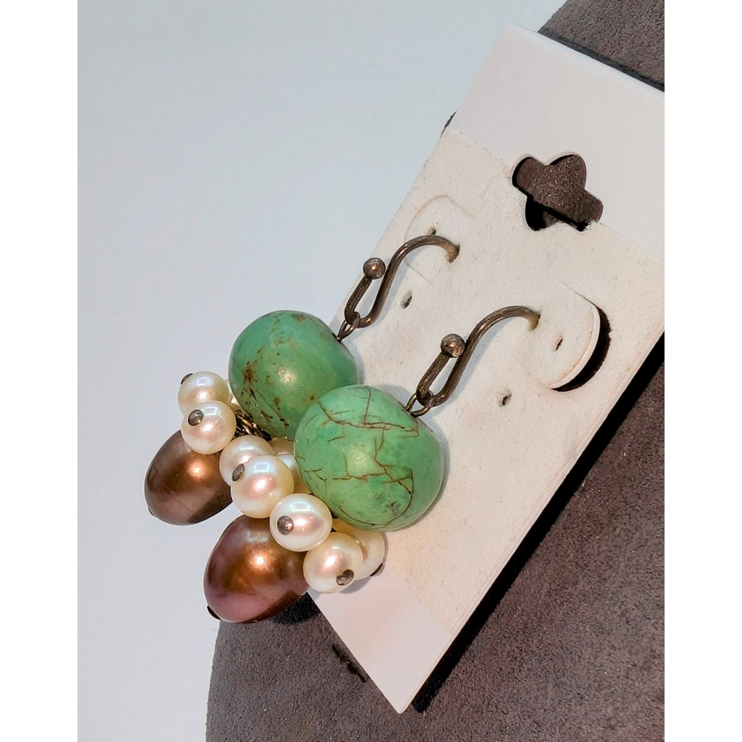VTG 925 Green Turquoise Freshwater White and Chocolate Pearl Dangle Earrings