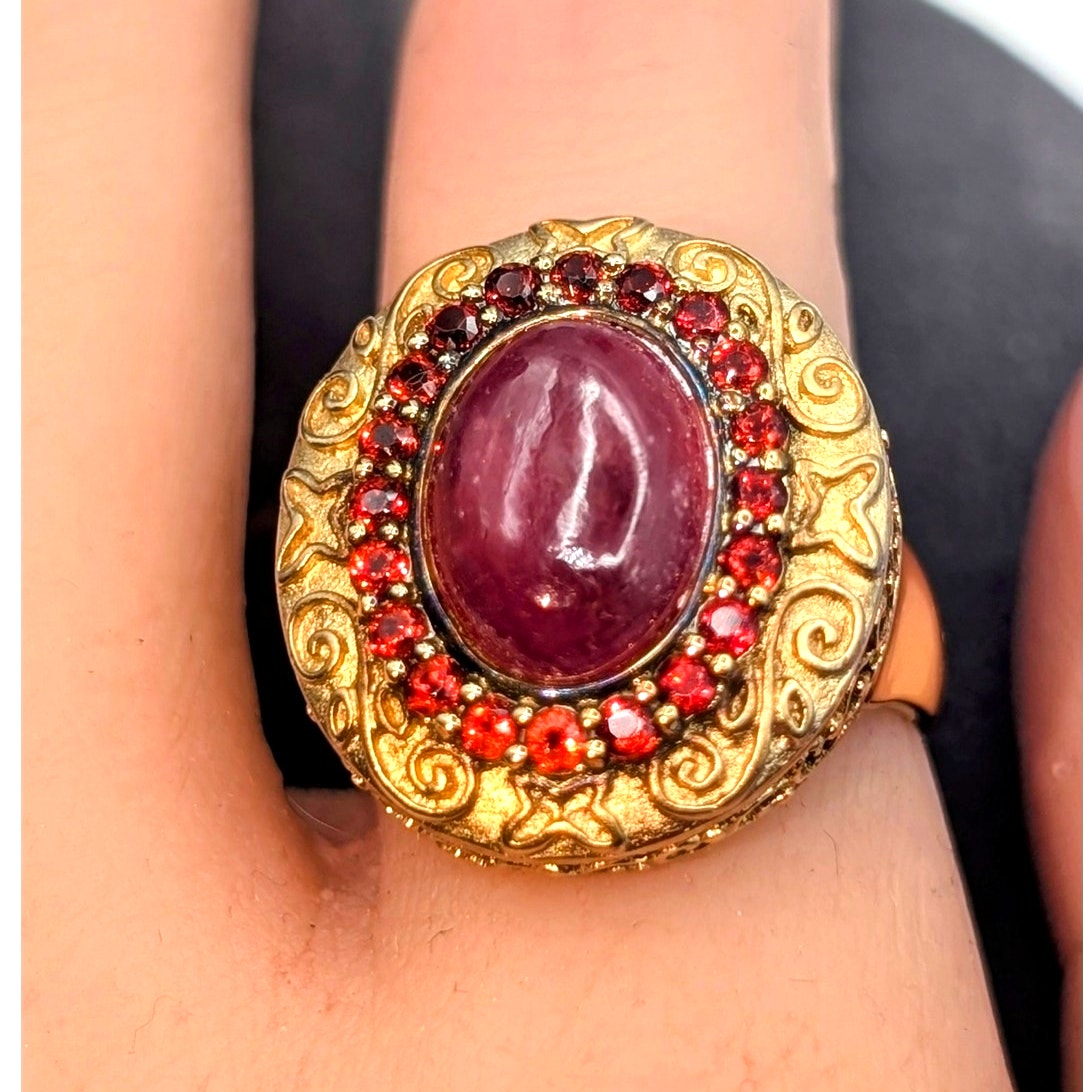All Stones Test as Ruby 925 Sterling Vermeil Scroll Statement Ring Size 9