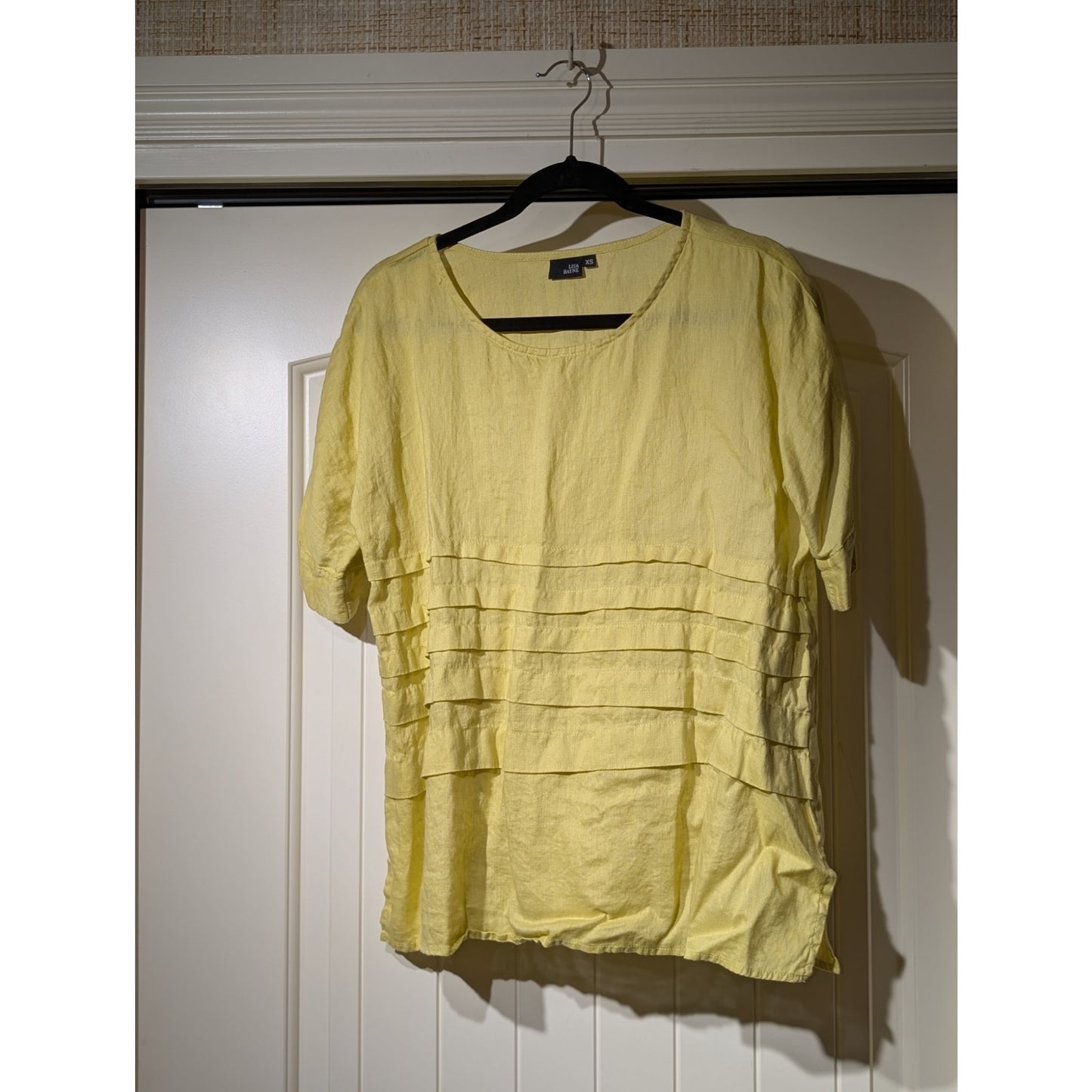 Lisa Bayne Chartreuse Yellow 100% Linen Short Sleeve Relaxed Loose Blouse Sz XS