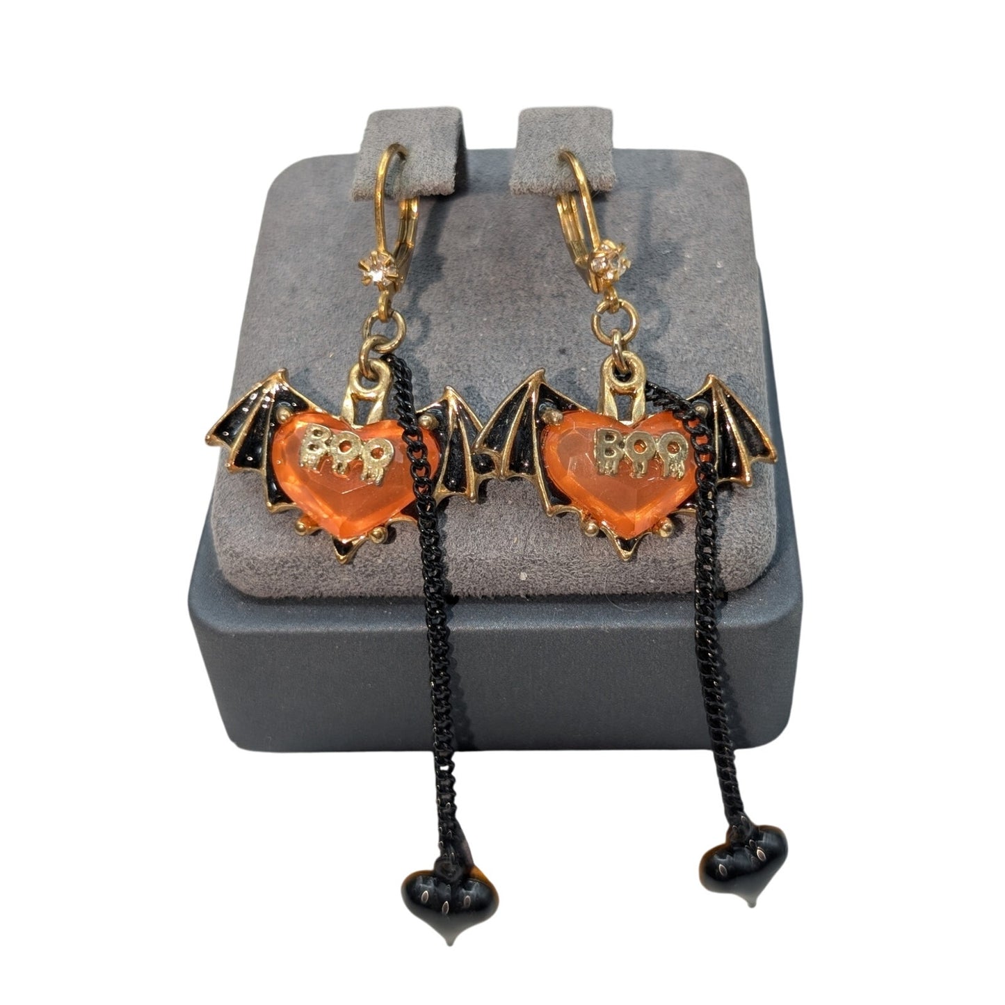 Vtg Betsey Johnson Vampire Slayer Bat Wings Winged Orange Heart Boo Earrings
