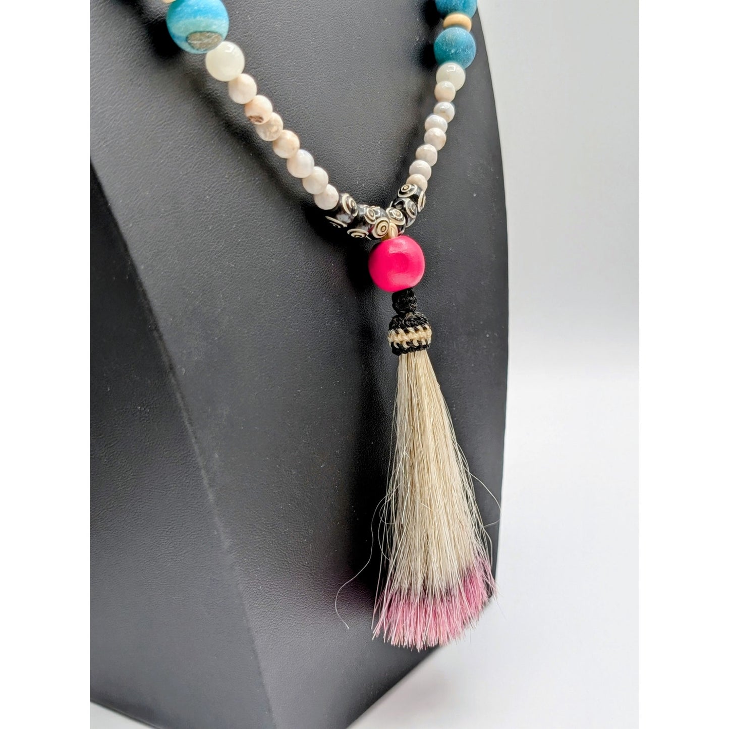 Boho Blue Pink White Black Stone Beaded Pink Tipped Tassel Long Cord Necklace
