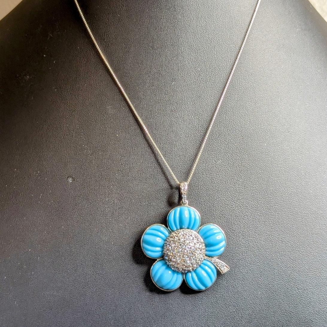 ROSS-SIMONS 925 Simulated Italian Turquoise CZ Flower Pendant Chain Necklace