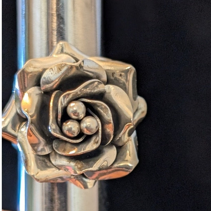 Vintage Mexico 925 Handmade Sterling Silver Large 3D Flower Adjustable Ring 12g