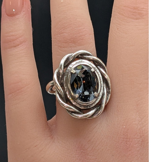 925 Sterling Silver Twisted Band Purple Blue Gray Glass Center Stone Ring Size 5