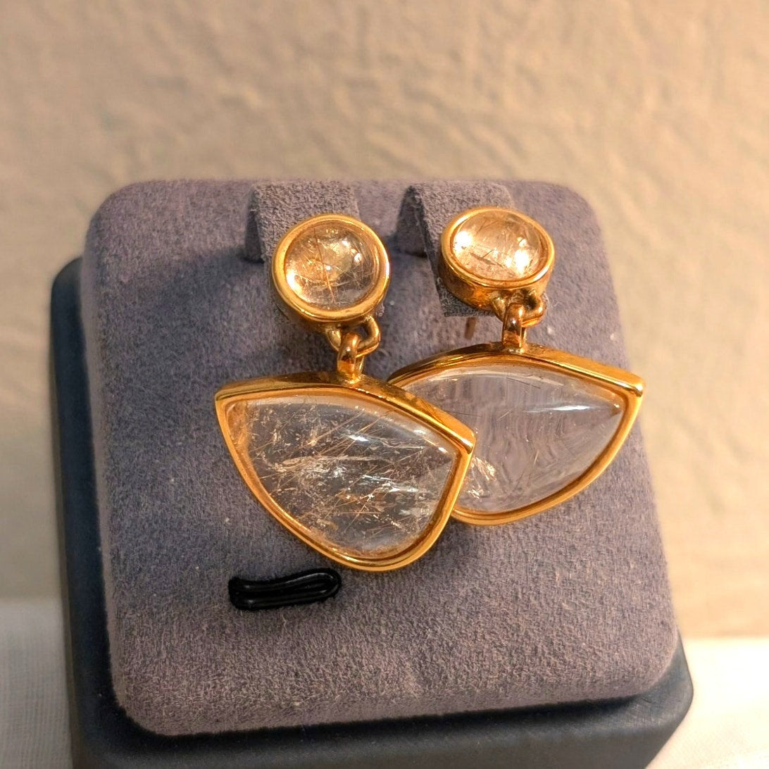 Gold-Plated Rutilated Quartz Geometric Dangle Post Earrings