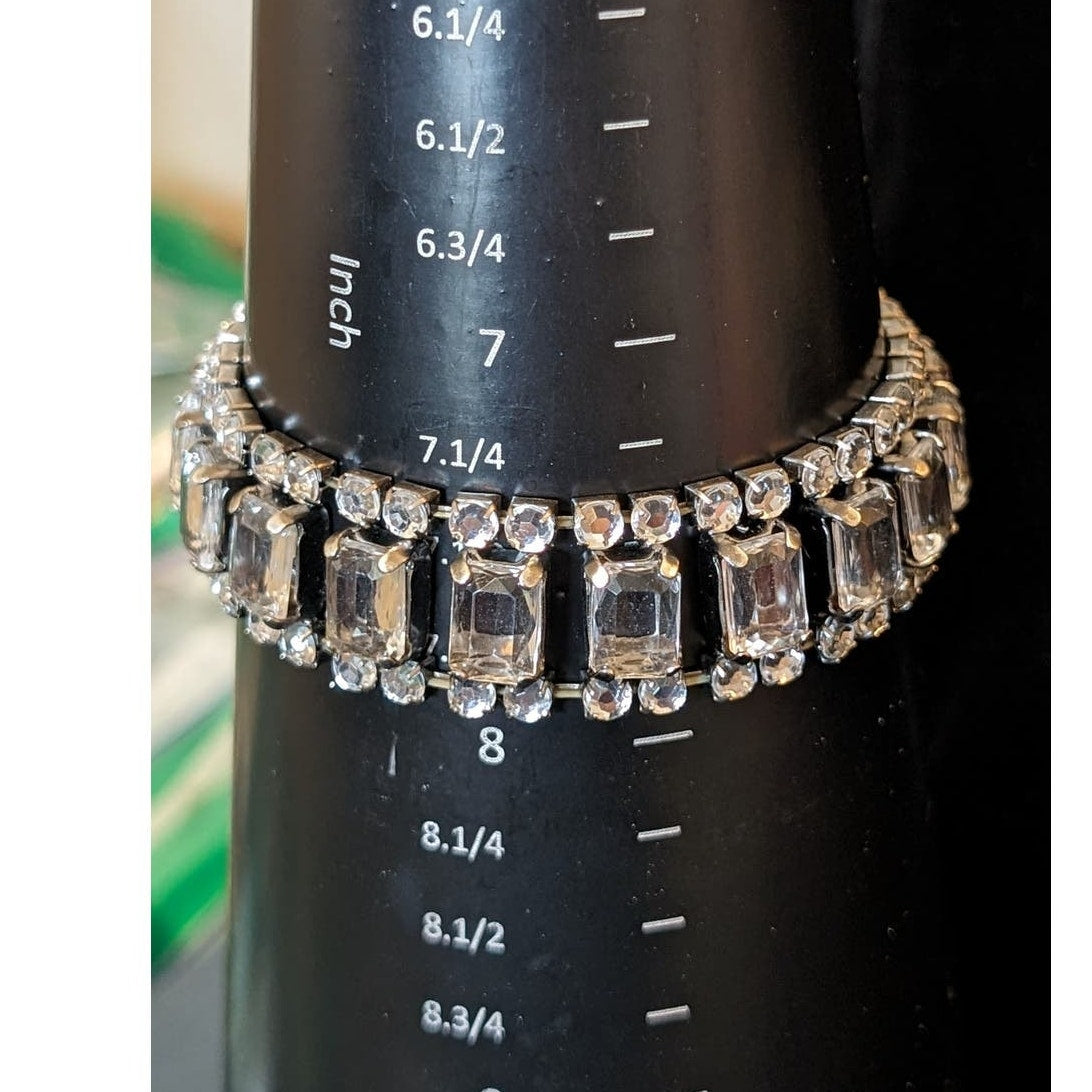 Vintage Three Row Round Cut & Emerald Cut Expandable Silver Tone Bracelet