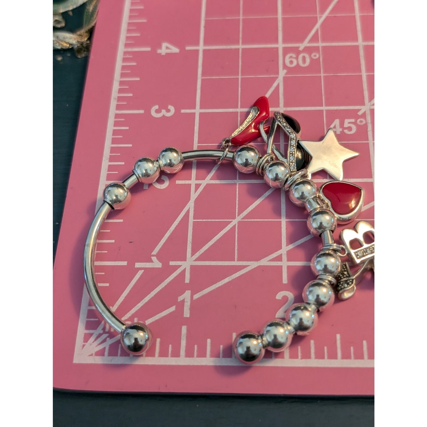 925 Sterling Ball Charm Silver Tone Cuff Bracelet W/ 11 Sliding Balls & 6 Charms
