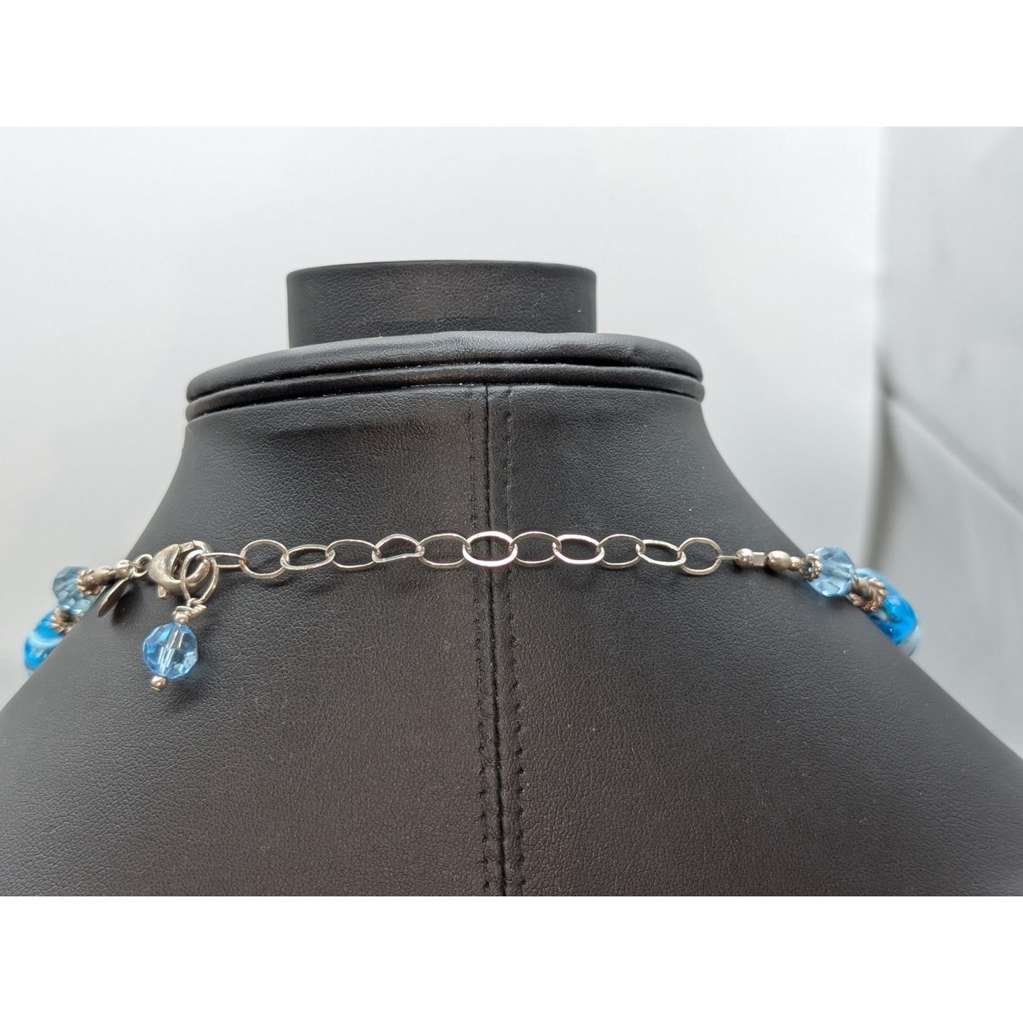 Vintage LCG 925 Sterling Silver Blue Striped Foil Murano Bead 18"-21" Necklace