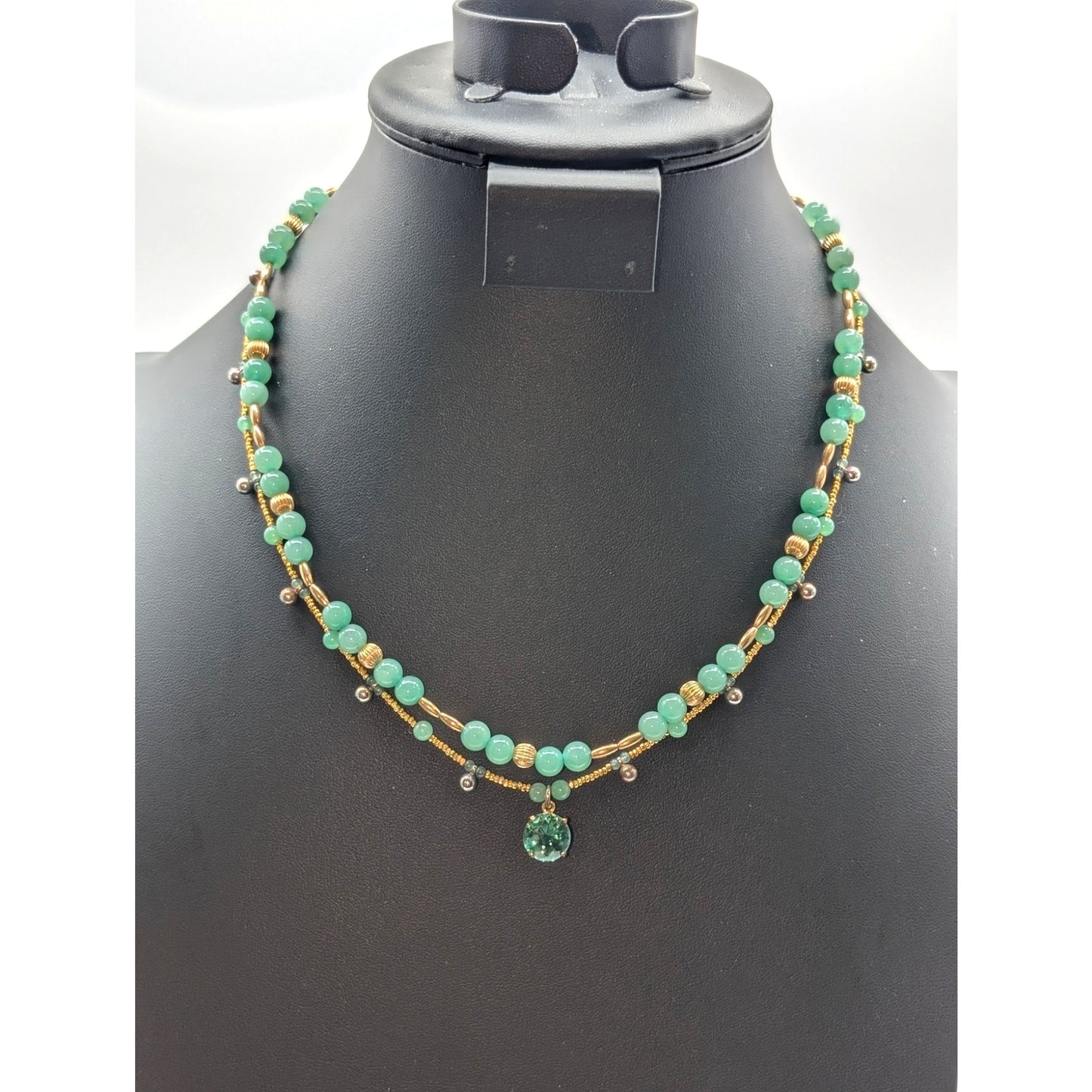 Two Green Gemstone Gold Bead Necklaces