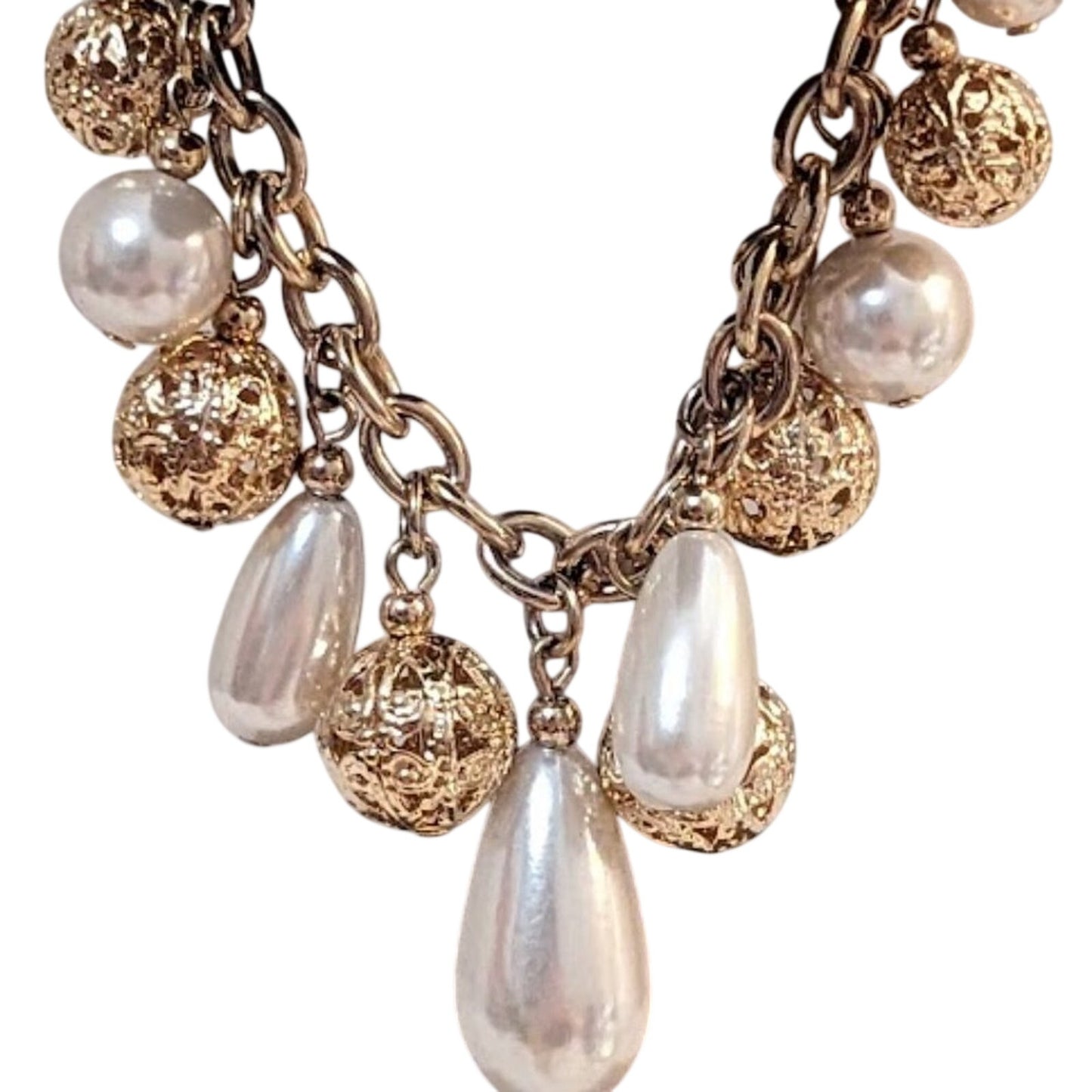Vintage Gold Tone Filigree Ball Round & Teardrop Faux Pearl Bead Bracelet