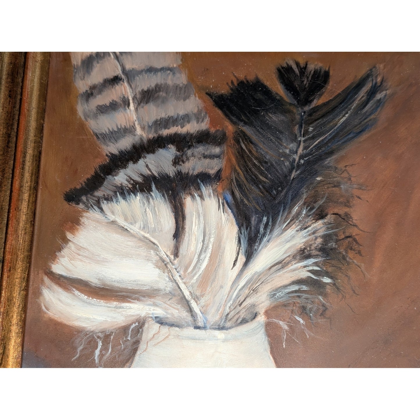 Original Signed J.Z. Massey Feathers in Vase Bronze Gilt Wood Framed Painting