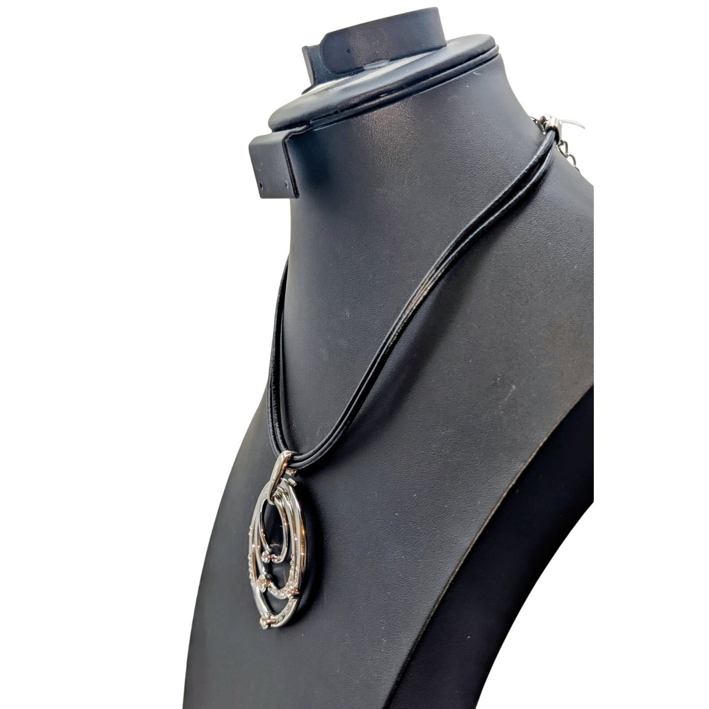 Chico's NWT Black Corded Hammered Silver Tone Rhinestone Circle Pendant Necklace