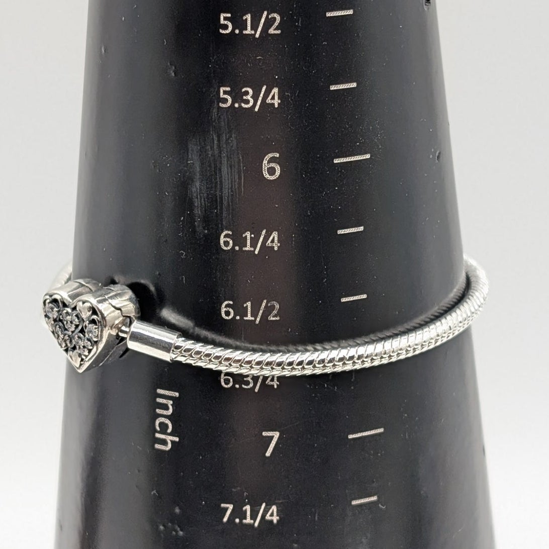 925 Sterling Silver Snake Chain CZ Heart Charm Bracelet