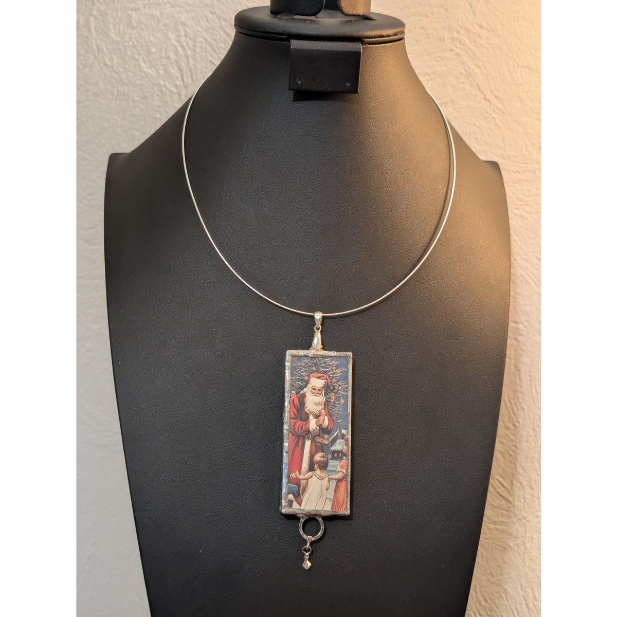 Vtg Christmas c1910 Postcard Jack O Lantern Two-Sided Soldered Pendant Necklace