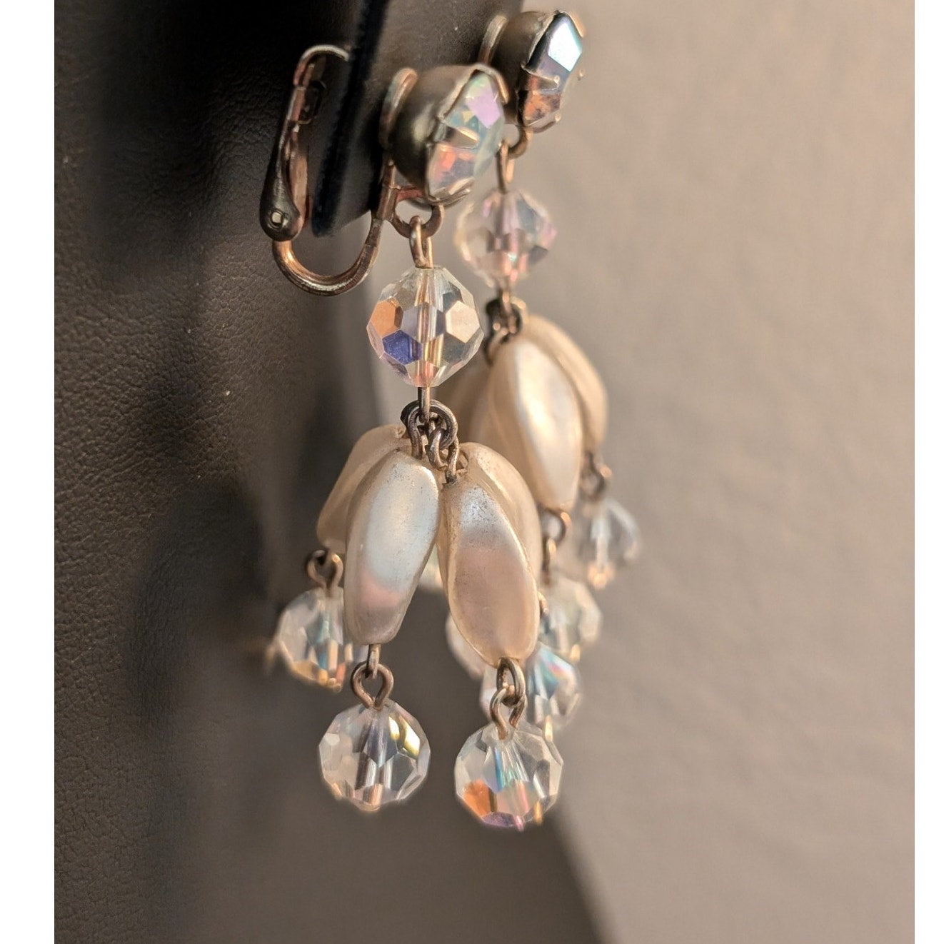 Vintage Aurora Borealis Crystal Faux Pearl Chandelier Dangle Clip On Earrings