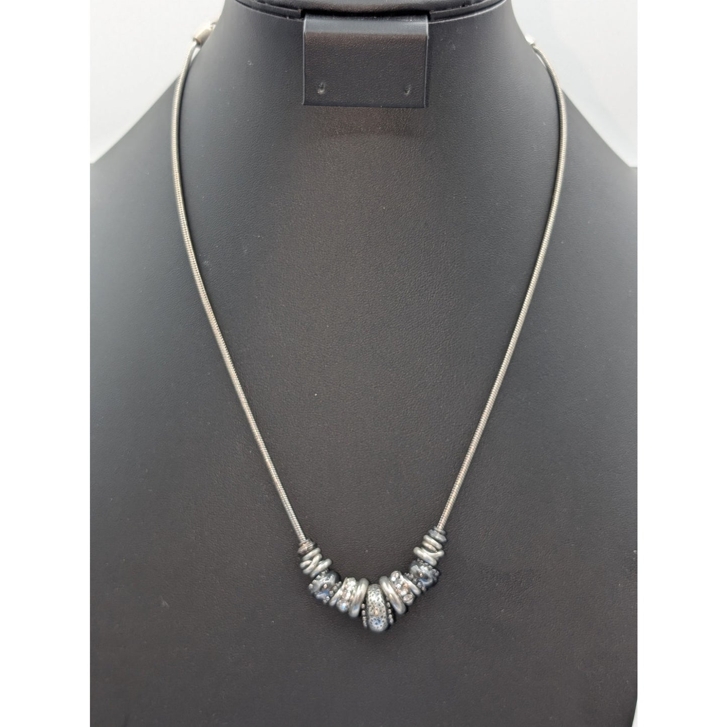 Chico's Silver Tone Pewter Look Multi-Rondelle Charm Beaded Snake Chain Necklace