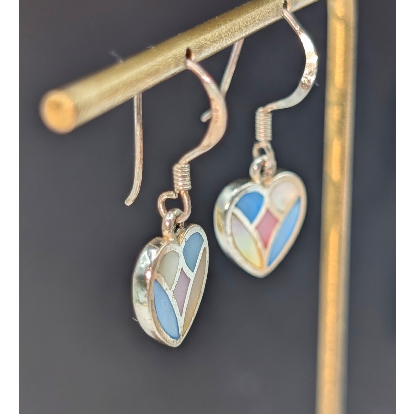 VTG 925 Sterling Silver Multi-Color Mother of Pearl Inlay Heart Dangle Earrings