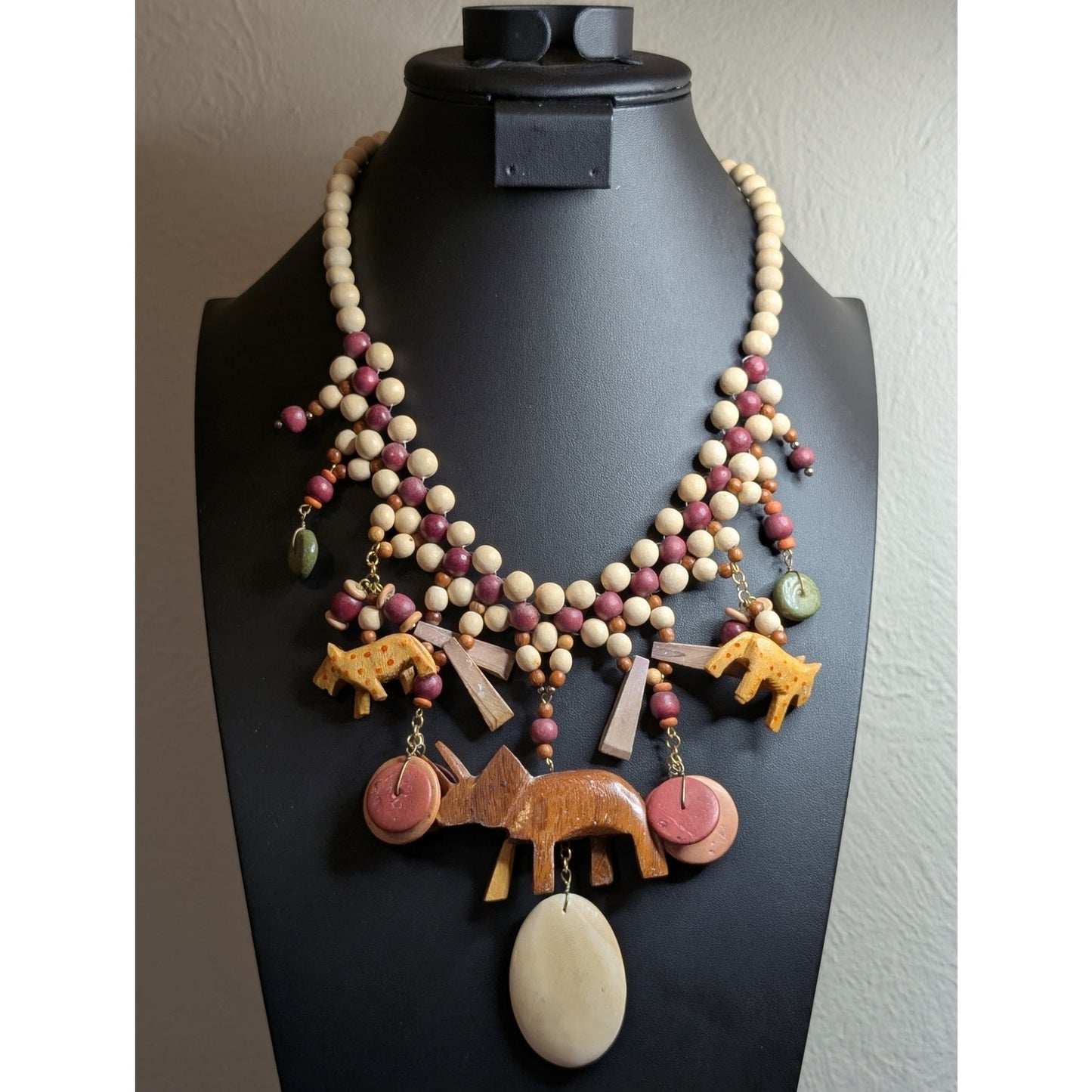 Vintage 1980s Wooden Carved Animal Tribal Necklace & Earring Set