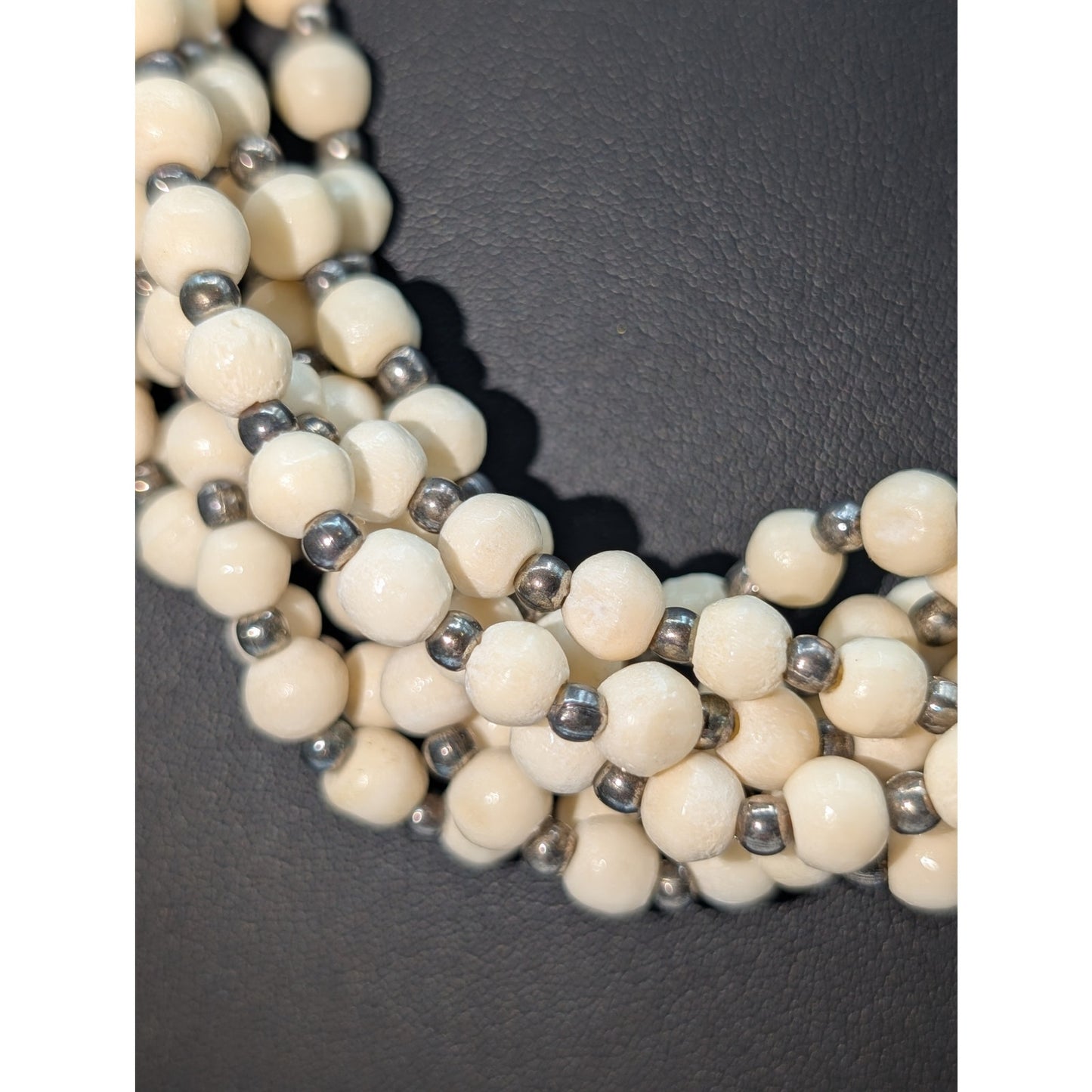 VTG Off White & Silver Bead Multi-Strand Egyptian Tribal Hook Clasp Necklace