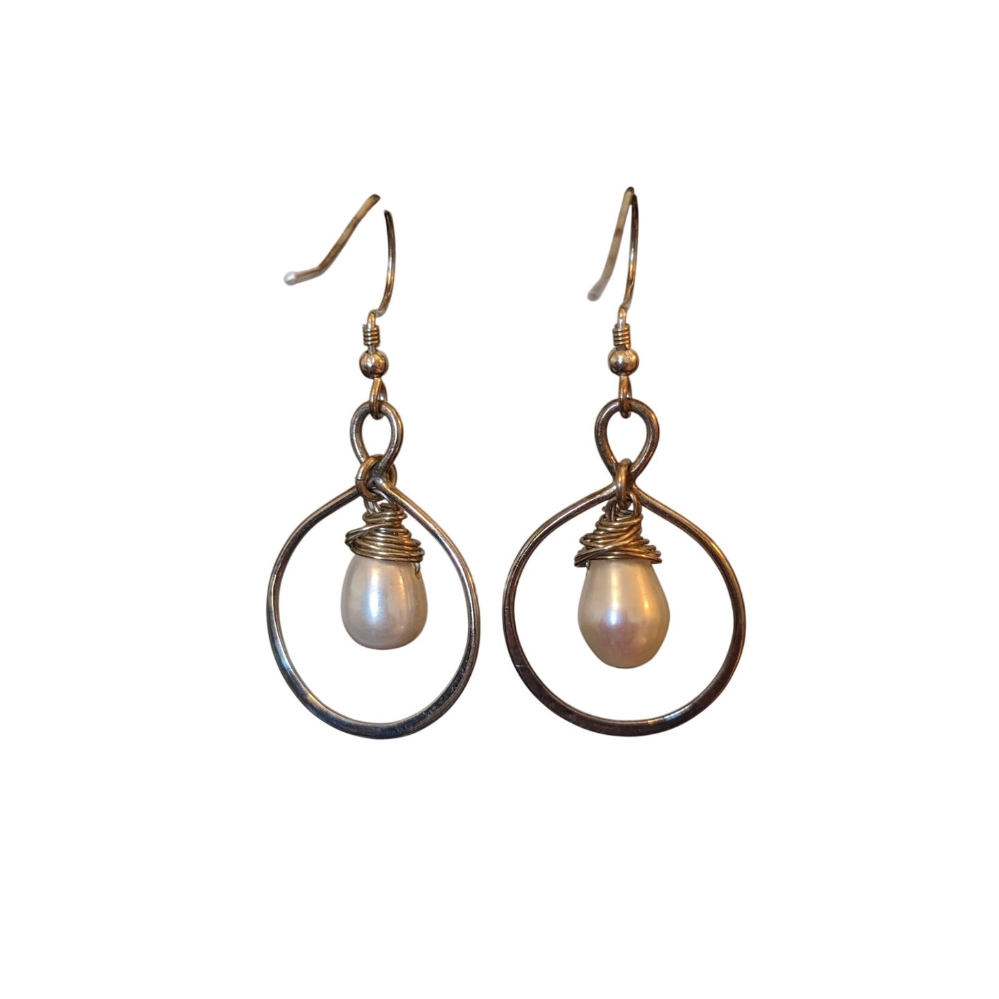 Marked Sterling Wire Wrapped Pearl Drop Dangle Earrings on French Wire