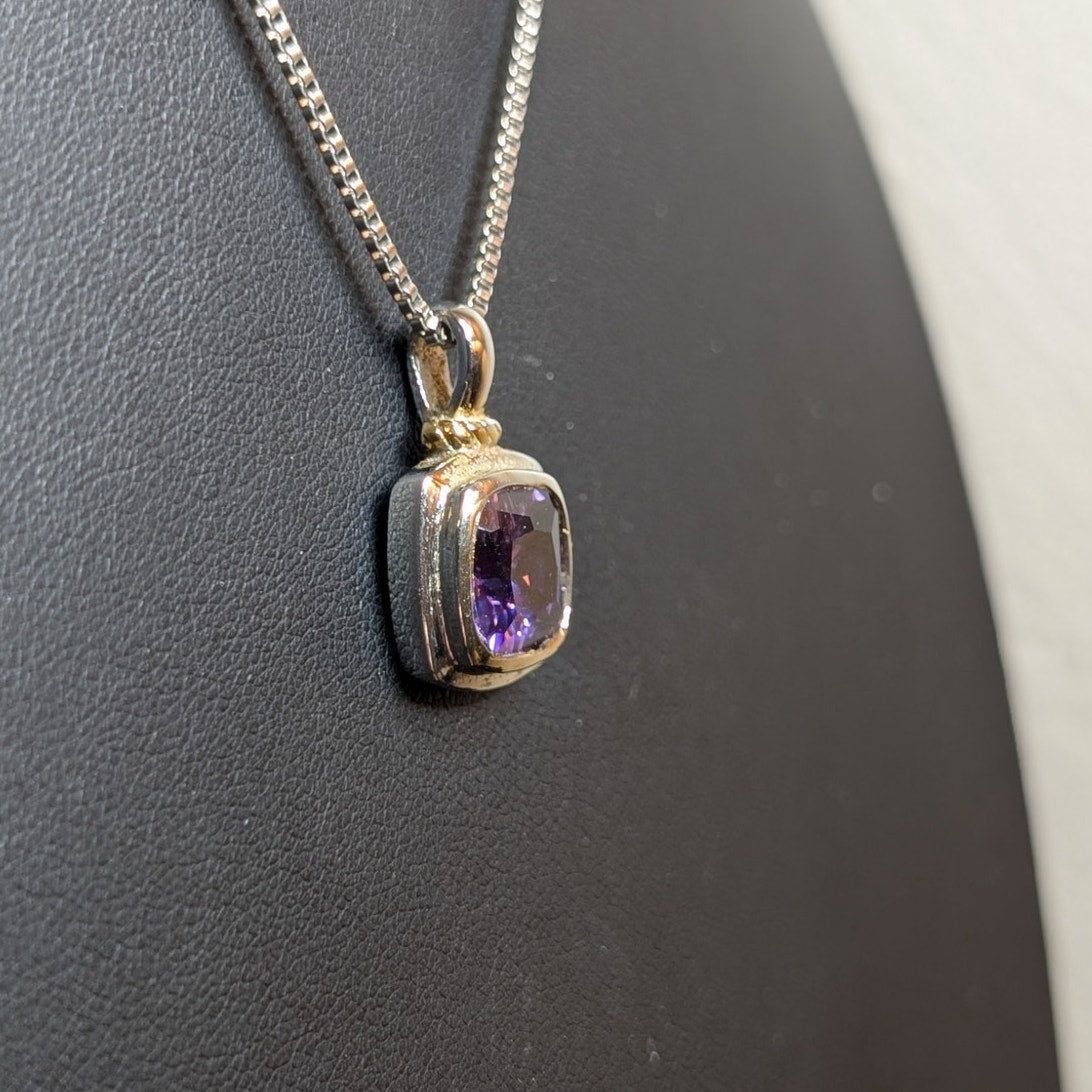 925 Sterling Purple Glass Stone Two Tone Pendant Box Chain 20" Necklace