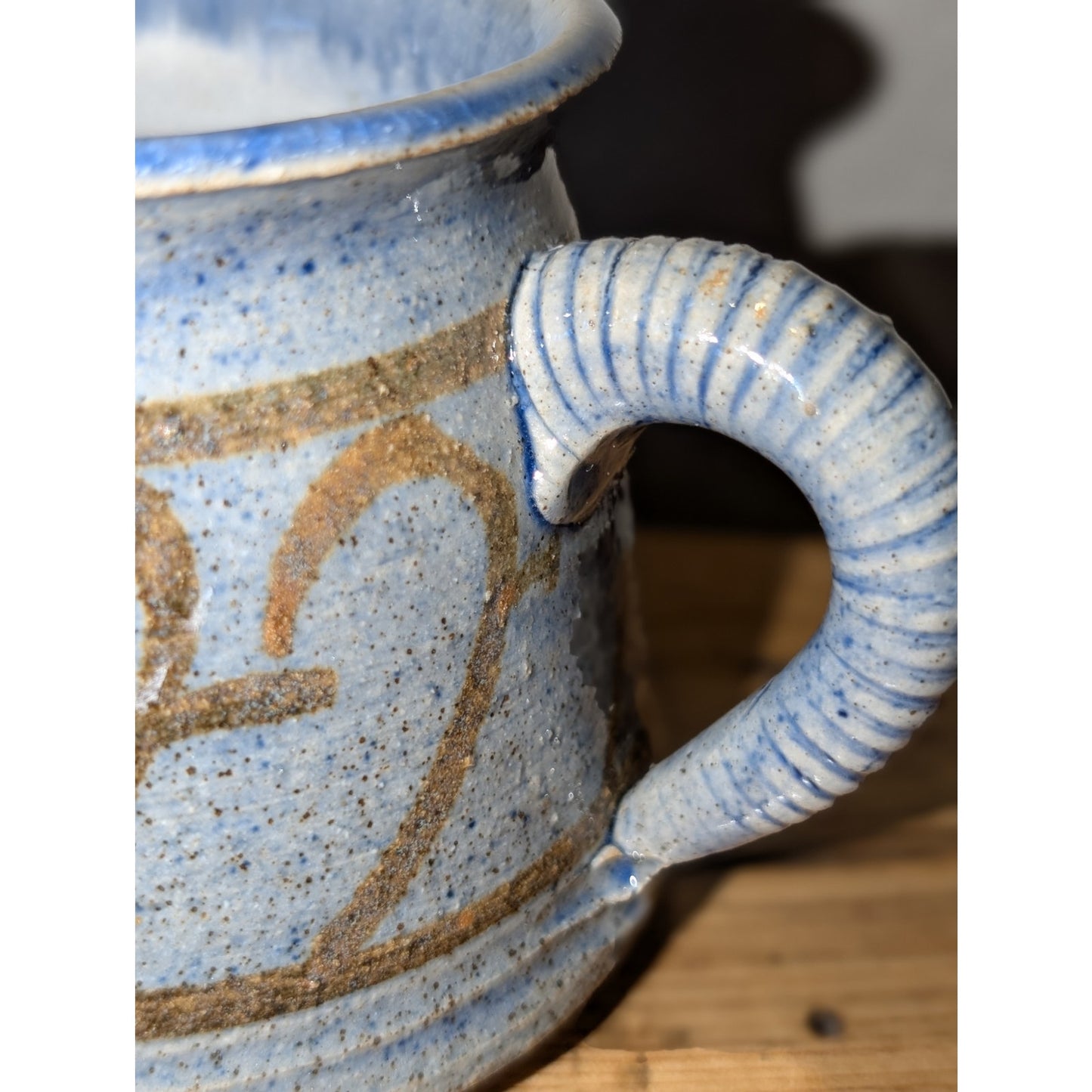 Light Blue & Tan Geometric Design Signed Studio Pottery Mug