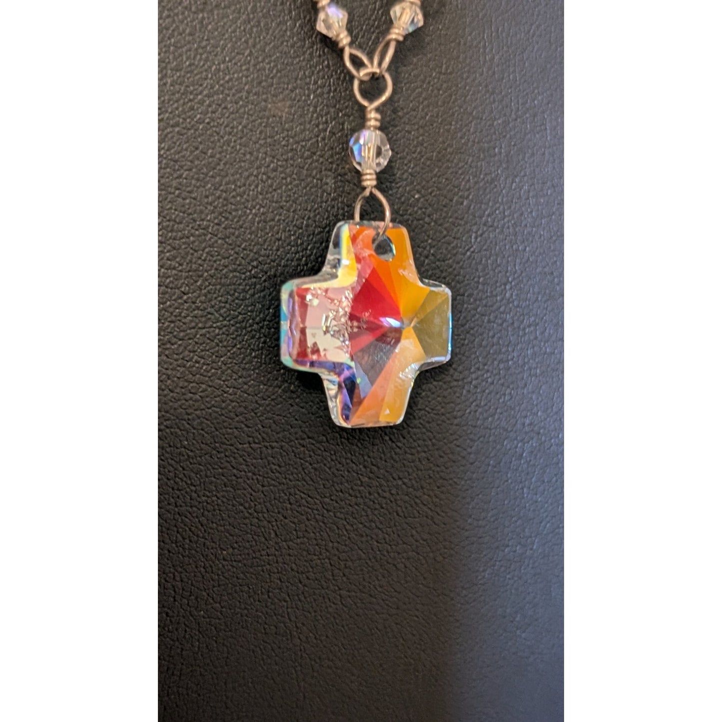 Crystal Prism Cross Pendant on Crystal Beaded 925 Sterling Chain