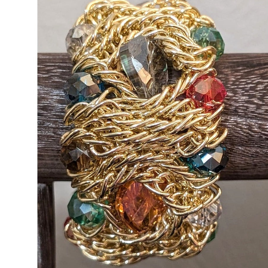 Bold Chunky Jeweled Gold Tone Woven Chain Stretch Bracelet