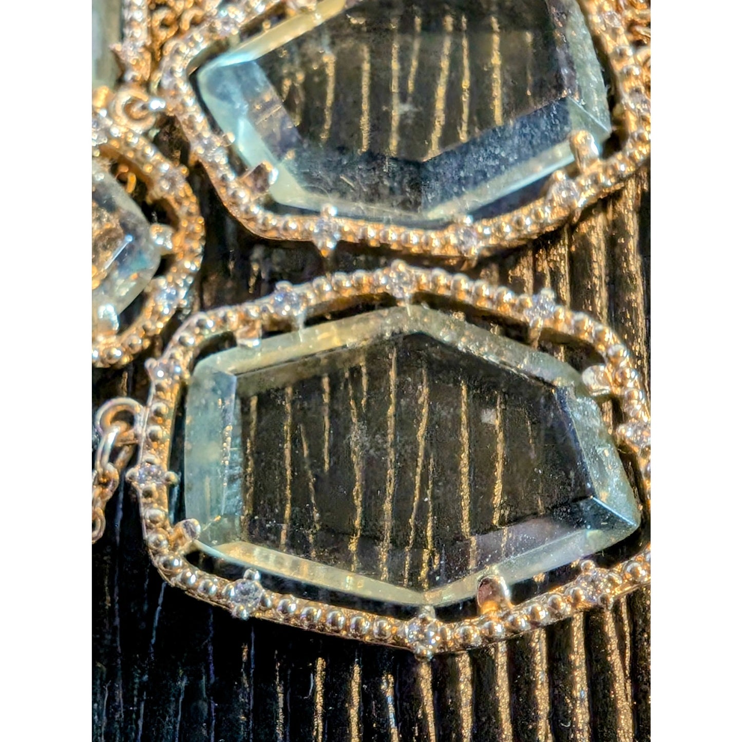 Hand-Crafted Abstract Blue Green Glass Crystal & CZ Gold Plated Chain Necklace