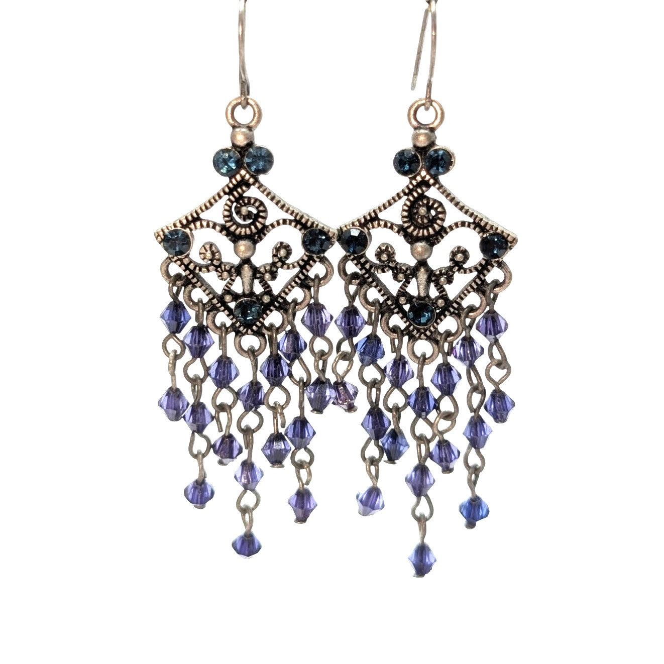 Blue Bead Chandelier Silver Tone Earrings