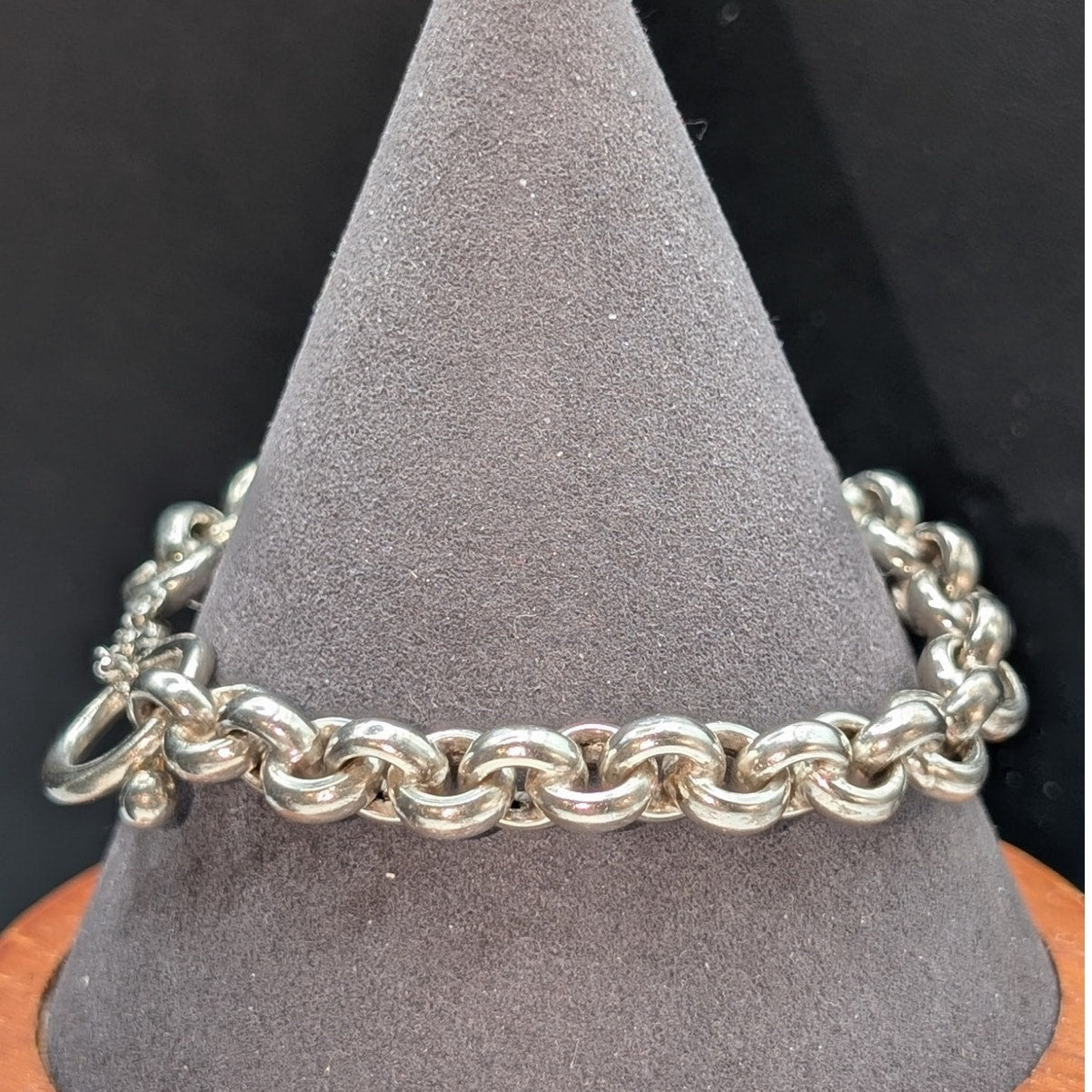 925 Italy Sterling Silver Rolo Link Toggle Clasp Bracelet 18.18g