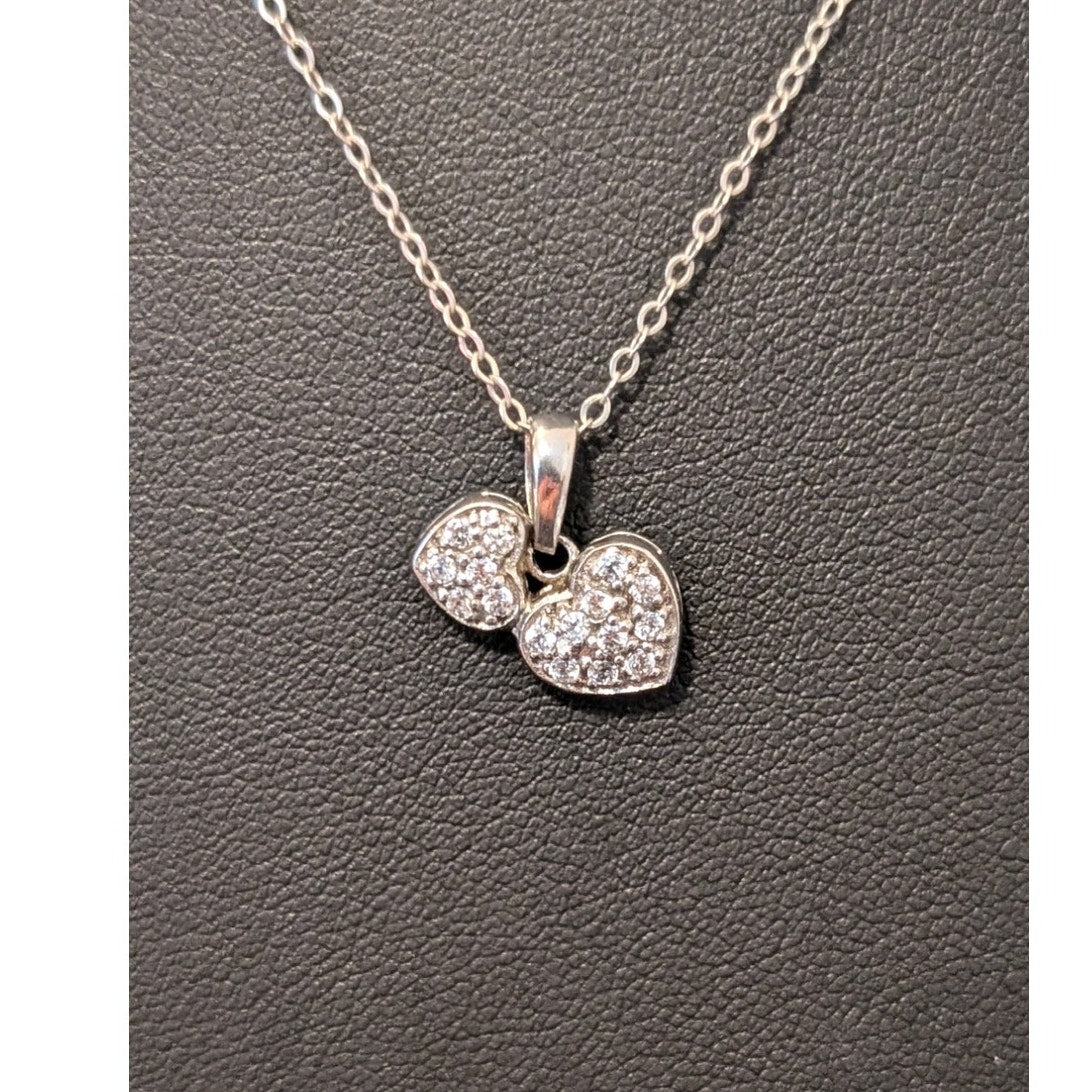 Two Pave CZ Heart 925 Sterling Silver Pendant 18" Necklace