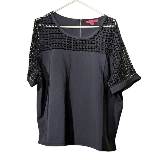 Curve Revolution Black Lace Sleeve/Front Back Zip Roll Sleeve Top Womens Sz 2X